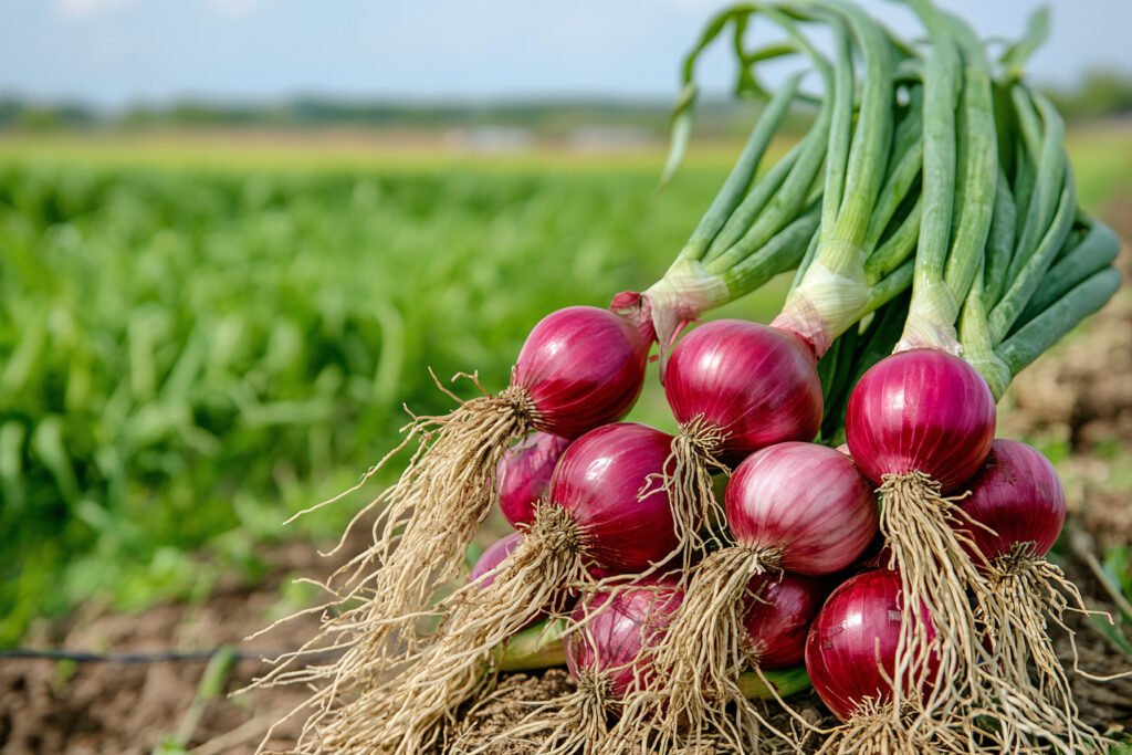 freshly harvested red onions with green stalks organic farm produce handpicked farmtotable
