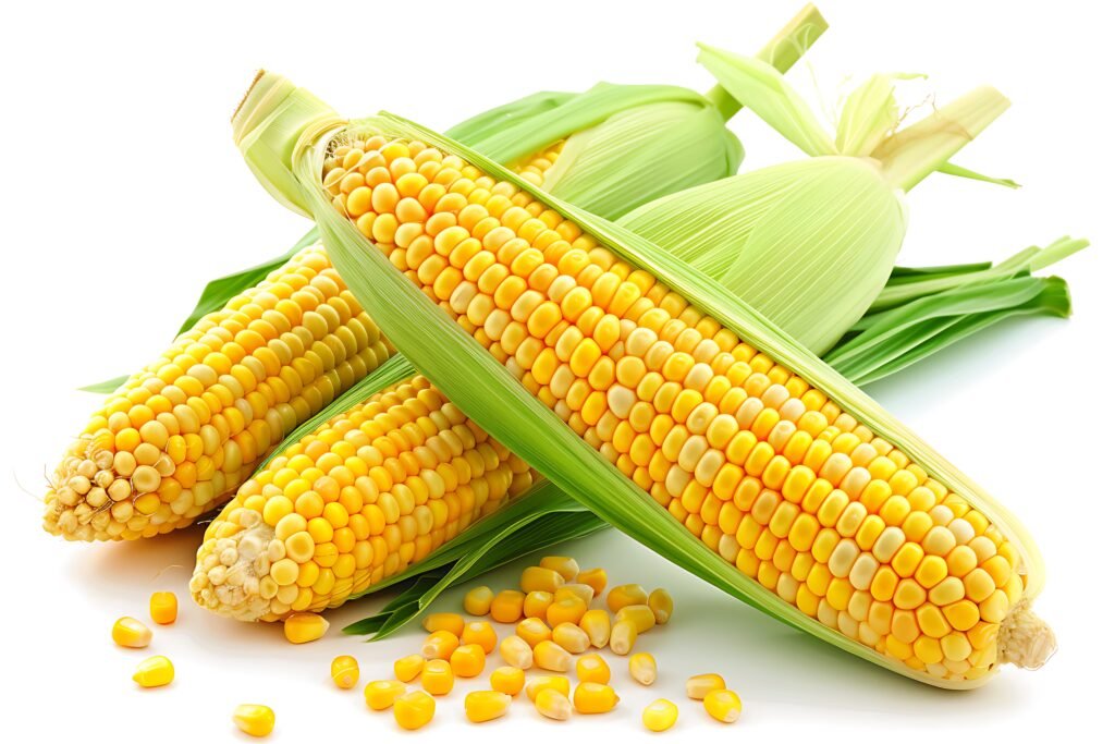fresh corn cobs and seeds on white background